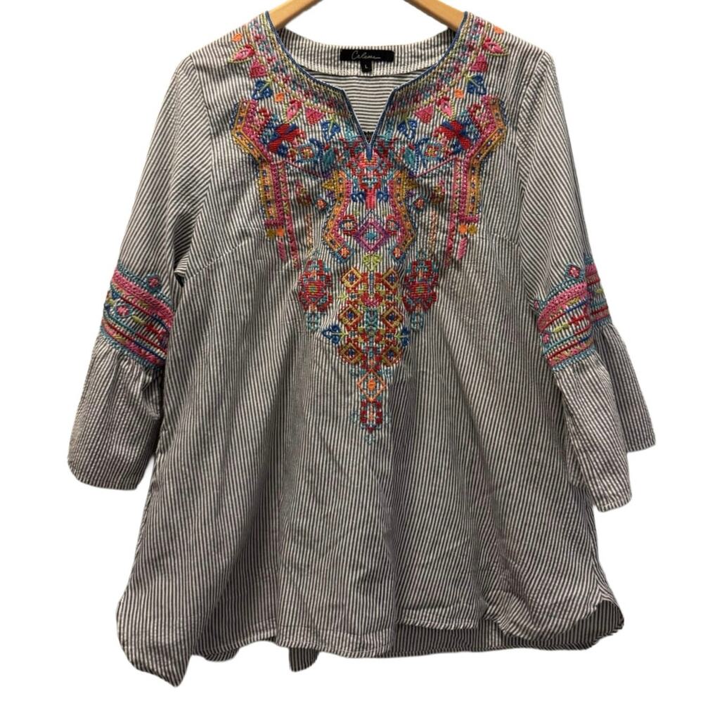Calessa Womens Blouse Gray White Stripe Embroidered Split V-Neck Boho Tops Large